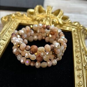 Elegant Beaded Memory Wire Bracelet in Cream and Blush Glass Beads
